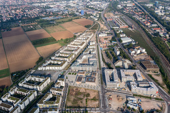 Residential area of the multi-family house settlement on Marie-Baum-Strasse - Gruene Meile - Eppelheimer Strasse in the district Bahnstadt in Heidelberg in the state Baden-Wurttemberg, Germany seen from above