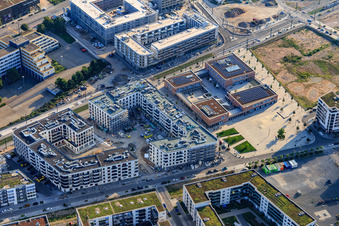 Aerial view of Green mile with Qube Hotel 2 and primary school 2 at Gadamerplatz in the district Bahnstadt in Heidelberg in the state Baden-Wuerttemberg, Germany