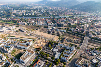 Aerial photograpy of Main station in the district Weststadt in Heidelberg in the state Baden-Wuerttemberg, Germany