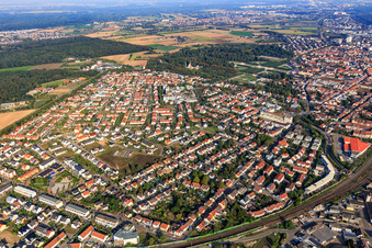 City overview from the east, beyond the railway line in Schwetzingen in the state Baden-Wuerttemberg, Germany