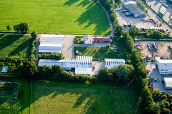 Aerial view of In the Rötzwiesen, farm of the Kerth family in the district Minderslachen in Kandel in the state Rhineland-Palatinate, Germany