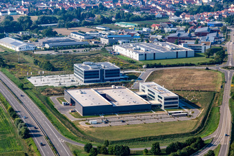 Aerial photograpy of New building - construction site on the factory premises of Eizo GmbH on Gewerbegebiet Nord in Ruelzheim in the state Rhineland-Palatinate, Germany