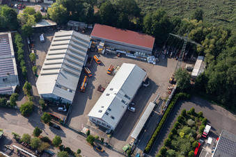 Aerial view of Roofing, scaffolding and construction plumbing Mindum, in the Horst industrial area in Kandel in the state Rhineland-Palatinate, Germany