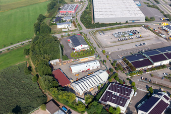 Oblique view of Roofing, scaffolding and construction plumbing Mindum, in the Horst industrial area in the district Minderslachen in Kandel in the state Rhineland-Palatinate, Germany