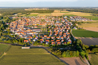 Village overview from the west beyond the railway in Steinweiler in the state Rhineland-Palatinate, Germany