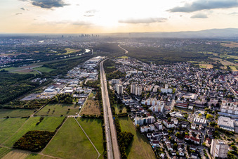 Aerial view of A66 to Frankfurt in the district Bischofsheim in Maintal in the state Hesse, Germany