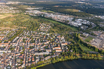 Aerial photograpy of Town on the banks of the river of the Main river in the district Buergel in Offenbach am Main in the state Hesse, Germany