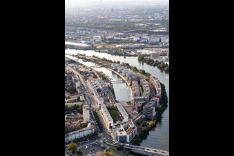 Aerial photograpy of Harbor Island in the district Hafen in Offenbach am Main in the state Hesse, Germany