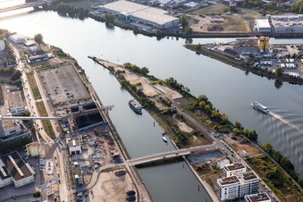 Harbor Island in the district Hafen in Offenbach am Main in the state Hesse, Germany seen from above