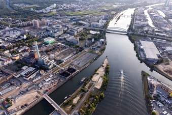 Oblique view of Power plants and exhaust towers of thermal power station Alte Schlosserei (Eventlocation on Betriebsgelaende of EVO AG) in Offenbach am Main in the state Hesse, Germany