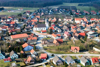 Aerial view of Church building in the village of in Niederlauterbach in Grand Est, France