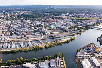 Drone image of Harbor Island in the district Hafen in Offenbach am Main in the state Hesse, Germany