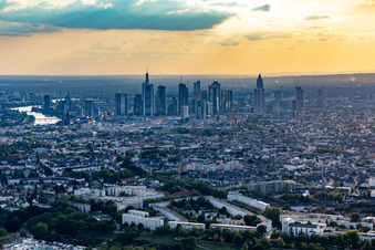 Skyline from the east in the district Nordend-West in Frankfurt am Main in the state Hesse, Germany