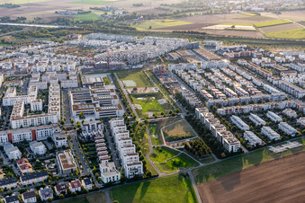 Aerial view of Outskirts residential Friedrich-Dessauer-Strasse - Altenhoeferallee - Johann-Georg-Elser-Strasse - Rudolf-Schwarz-Platz in the district Kalbach- Riedberg in Frankfurt in the state Hesse, Germany
