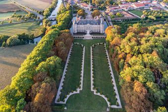 Aerial view of Building and castle park systems of water castle Chateau d'Haroue in Haroue in Grand Est, France