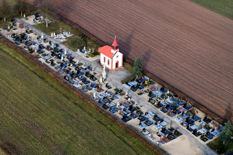 Aerial view of Grave rows on the grounds of the cemetery in Salmbach in Grand Est, France
