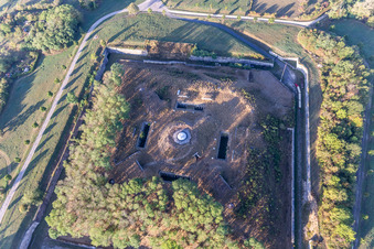 Aerial view of Bunker building complex made of concrete and steel Reduit du fort de Villey-le-Sec in Villey-le-Sec in Grand Est, France