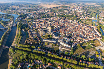 Aerial view of City center in the downtown area on the banks of river course Mosel in Toul in Grand Est, France