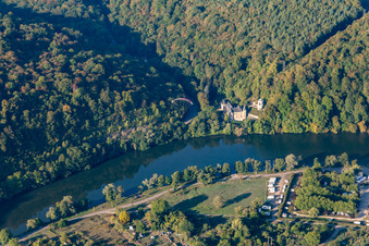 Aerial view of Chateau de la Flie on the Moselle in Liverdun in the state Meurthe et Moselle, France