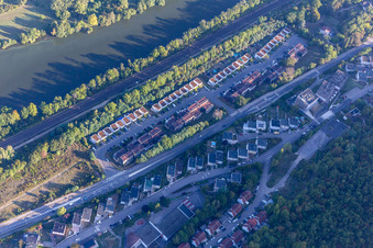 Aerial view of Residential area above the Moselle: Avenue Mozart in Liverdun in the state Meurthe et Moselle, France