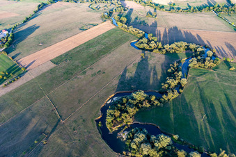 Curved loop of the riparian zones with willows on the course of the river Maas/Meuse in Maxey-sur-Meuse in Grand Est, France