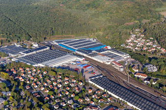 Aerial photograpy of Buildings and production halls on the food manufacturer's premises Nestle Waters Supply Est in Vittel in Grand Est, France