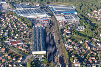 Oblique view of Buildings and production halls on the food manufacturer's premises Nestle Waters Supply Est in Vittel in Grand Est, France