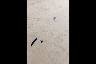 Bird's eye view of Buggies and kite surfers on the sandy beach in Fanø in the state South Denmark, Denmark