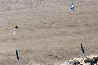 Aerial view of Kites on the west beach in Fanø in the state South Denmark, Denmark