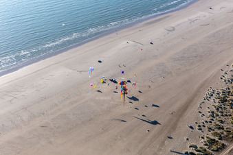 Aerial view of Coulourful Kites over the Beach along the West coast of Northsea island in Fanoe in, Denmark