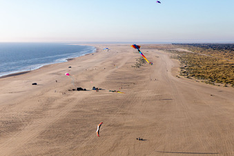 Aerial photograpy of Coulourful Kites over the Beach along the West coast of Northsea island in Fanoe in, Denmark