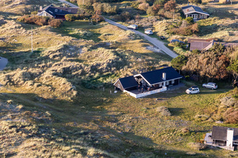 Oblique view of Hyggeligge holiday homes in the dunes in Fanø in the state South Denmark, Denmark