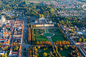 Aerial view of Building complex in the park of the castle Residenzschloss Ludwigsburg and Gartenschau Bluehendes Barock in Ludwigsburg in the state Baden-Wurttemberg, Germany