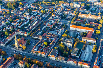 Aerial photograpy of Church building Frieden church on Karlsplatz in Ludwigsburg in the state Baden-Wurttemberg, Germany