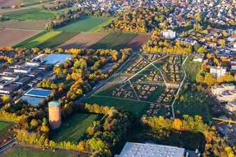 Aerial view of Water tower, Roman hill, school center in the district Pflugfelden in Ludwigsburg in the state Baden-Wuerttemberg, Germany