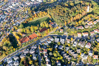 Ensemble of sports grounds on the Engelberg meadows with Tenniscourt of SV Leonberg / Eltingen in Leonberg in the state Baden-Wurttemberg, Germany