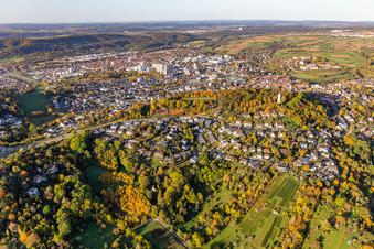 Aerial view of Luxury villa in residential area of single-family settlement of Stuttgarter street below the Engelberg in the district Eltingen in Leonberg in the state Baden-Wurttemberg, Germany