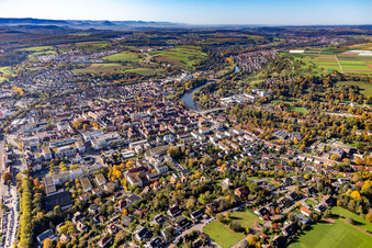 Aerial view of Village on the banks of the area Neckar - river course in Nuertingen in the state Baden-Wurttemberg, Germany