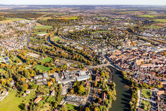 Aerial photograpy of Village on the banks of the area Neckar - river course in Nuertingen in the state Baden-Wurttemberg, Germany