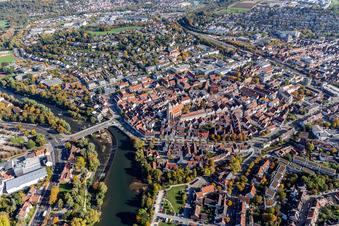 Oblique view of Village on the banks of the area Neckar - river course in Nuertingen in the state Baden-Wurttemberg, Germany