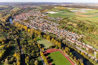 Aerial view of Neckarhausen district in Nürtingen in the state Baden-Wuerttemberg, Germany