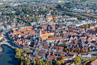 Village on the banks of the area Neckar - river course in Nuertingen in the state Baden-Wurttemberg, Germany from above