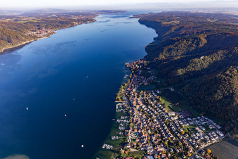 Aerial view of Marina - harbour area on the shore of Lake Constance in Bodman in the state Baden-Wurttemberg, Germany
