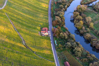 Building of the restaurant Gasthaus Mainaussicht Gifthuette in Volkach in the state Bavaria, Germany