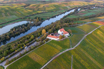Fields of wine cultivation landscape Mainhang at the Hotel & Restaurant Vogelsburg in the district Escherndorf in Volkach in the state Bavaria, Germany