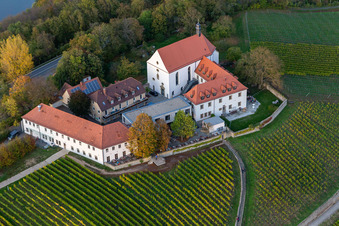 Aerial view of Fields of wine cultivation landscape Mainhang at the Hotel & Restaurant Vogelsburg in the district Escherndorf in Volkach in the state Bavaria, Germany