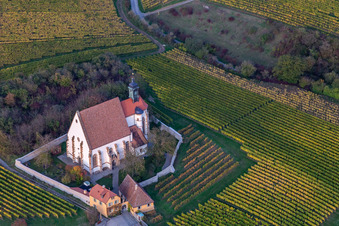 Aerial view of Pilgrimage Church of Maria im Weingarten in Volkach in the state Bavaria, Germany