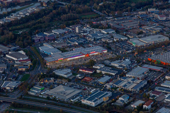 Building of the construction market BAUHAUS Schweinfurt and Marktkauf Schweinfurt at dusk in Schweinfurt in the state Bavaria, Germany