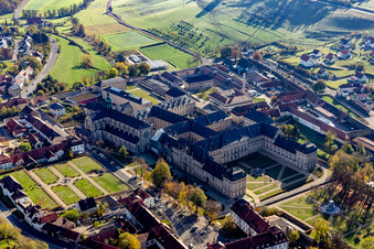 Aerial view of Complex of buildings of the monastery Ebrach with Kaisersaal and Monastery church Ebrach and Correctional facility Ebrach in Ebrach in the state Bavaria, Germany