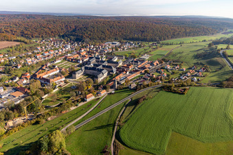 Aerial view of Monastery church Ebrach, Cistercian abbey in Ebrach in the state Bavaria, Germany